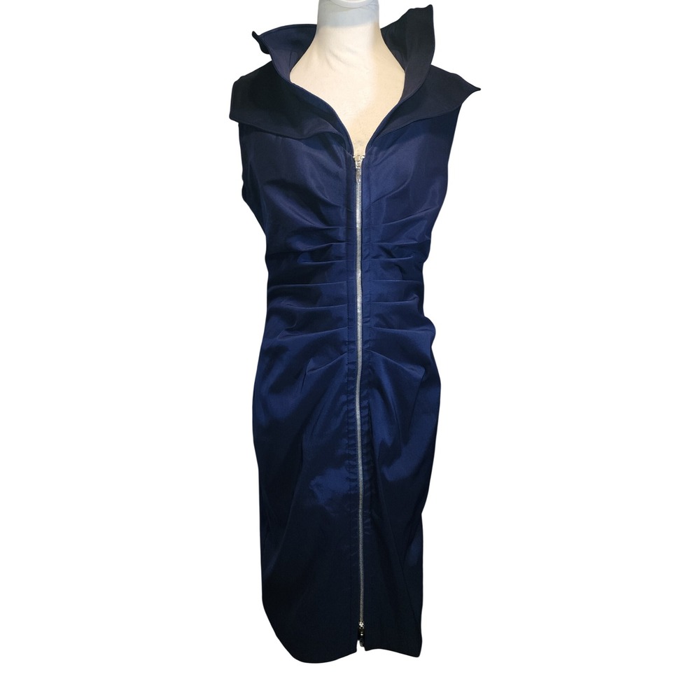 Joseph Ribkoff Navy Blue Ruched Sheath Dress Portrait Collar Front Zip Size 8